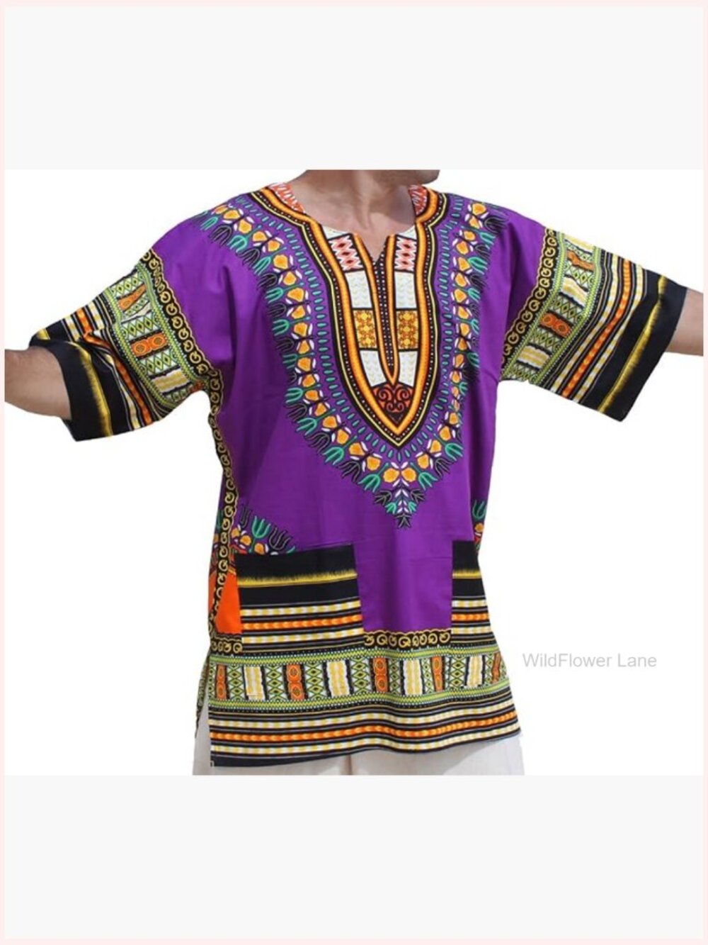 African Dashiki Cotton Blouse Loose Fit Open Slit Crew Neck Short Sleeve Tunic
